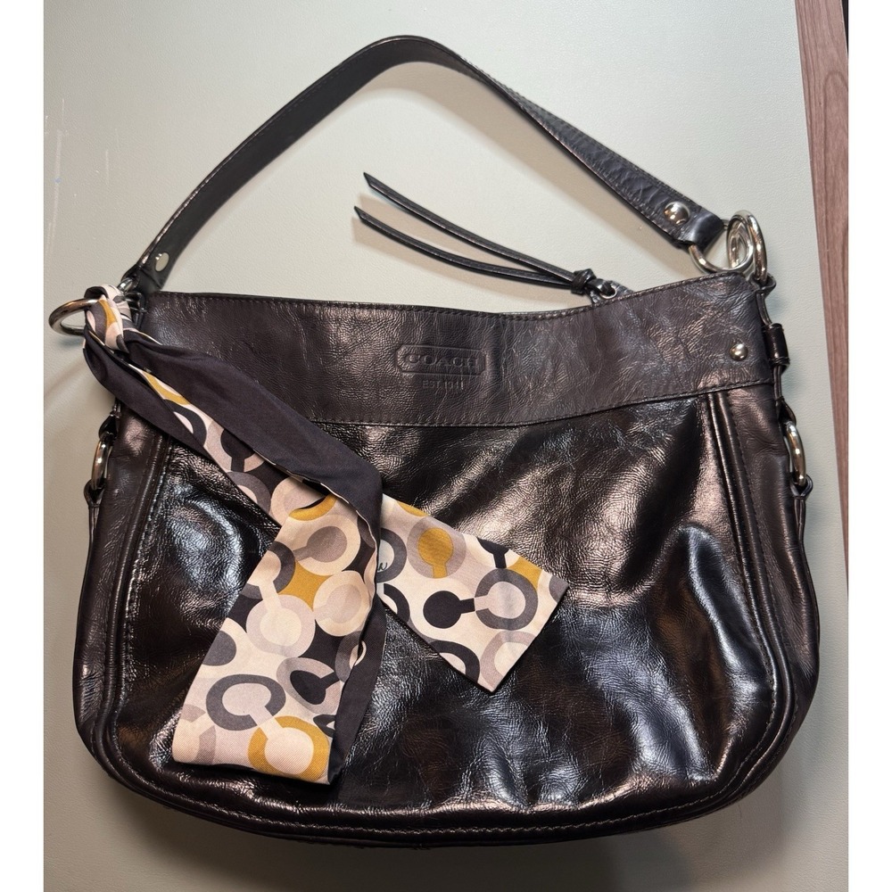 Coach F1082 Black Leather Hobo Bag with Scarf Purple Lining Zoe Vintage Y2K